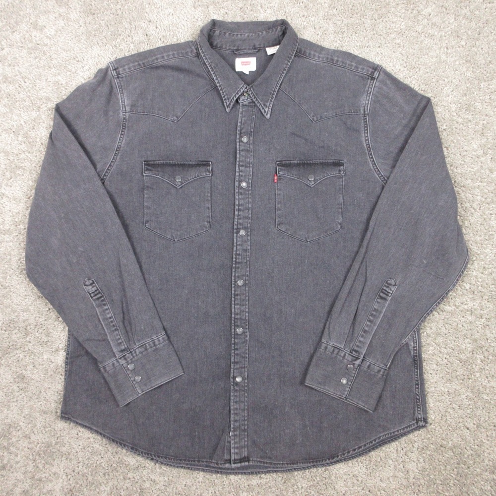 Levis‎ Shirt Mens 2XL Black Denim Jean Pearl Snap Western Cowboy Workwear Faded